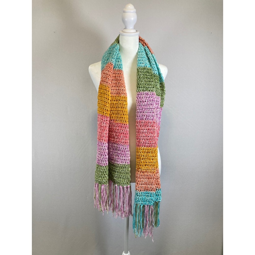 Boho Crochet Women Multicolor Rainbow Striped Fringe Chunky Scarf - Picture 3 of 6